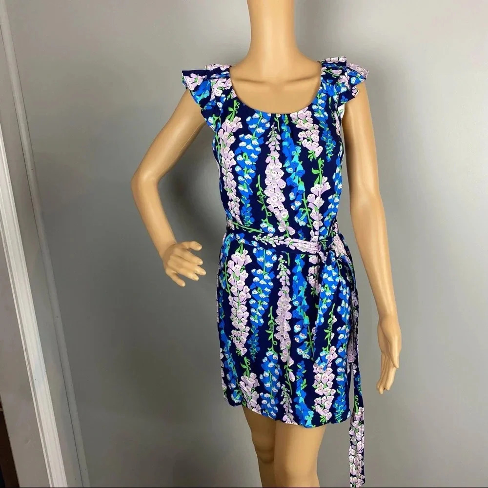 Lilly Pulitzer Womens XS Bluebell Print Dress Cap Sleeve Belted